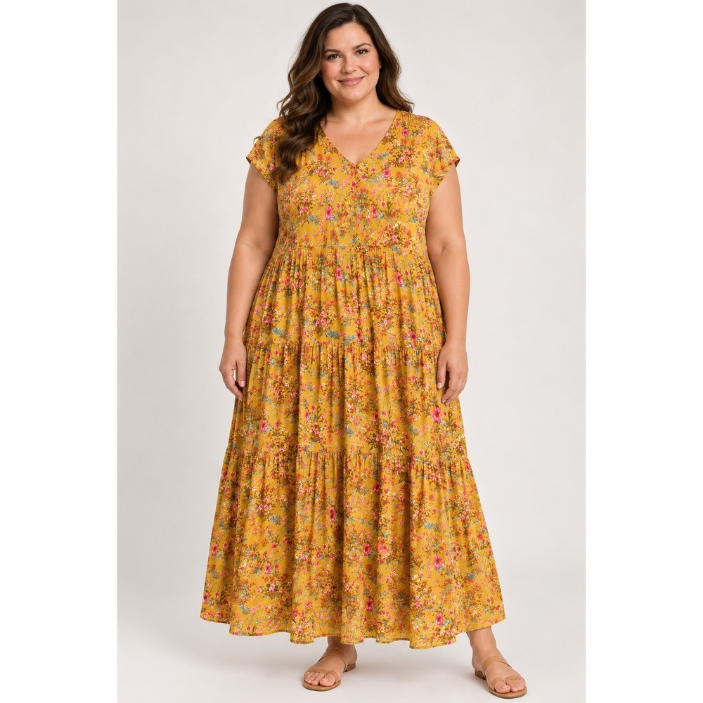 Wonderly 2X Mustard Floral Maxi Dress Cottagecore Boho Tiered Cap Sleeve Rayon - Picture 6 of 13